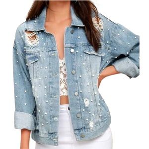 Free People - Sunday Funday Blue Oversized Pearl Denim Jacket - L